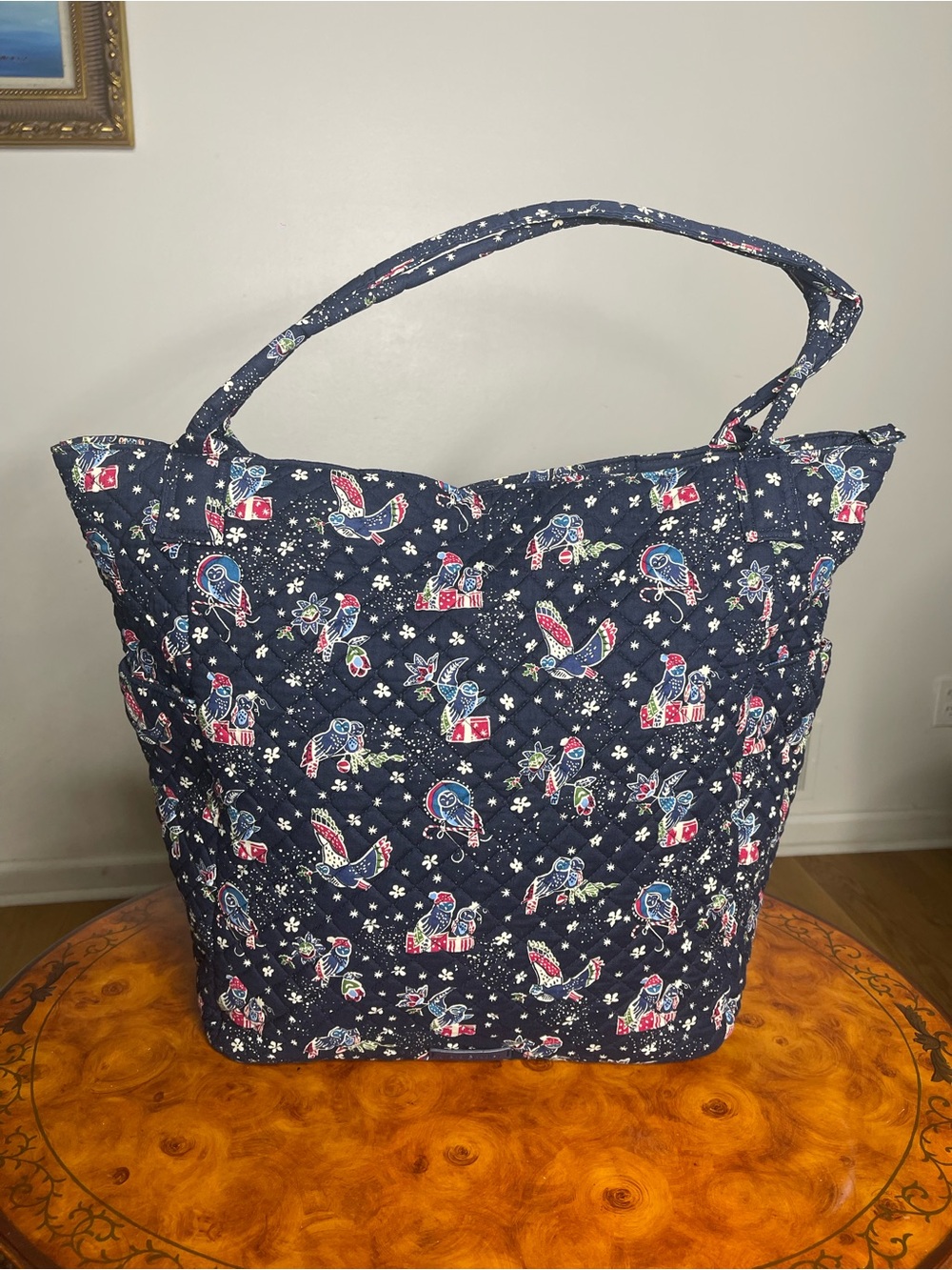 Vera Bradley Navy Quilted Tote with Floral & Bird Print